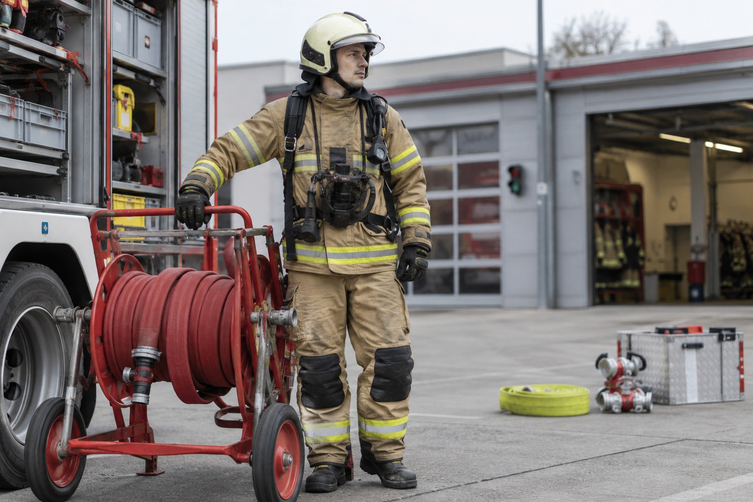 Ein Feuerwehrmann mit Schlauchwagen auf einem Stationshof.