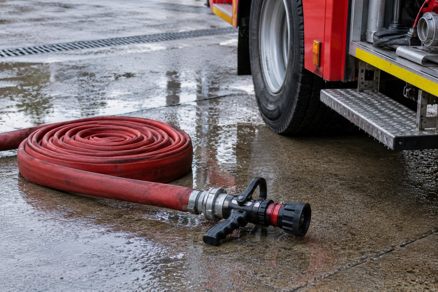 Löschschlauch und Strahlrohr neben einem Feuerwehrfahrzeug.