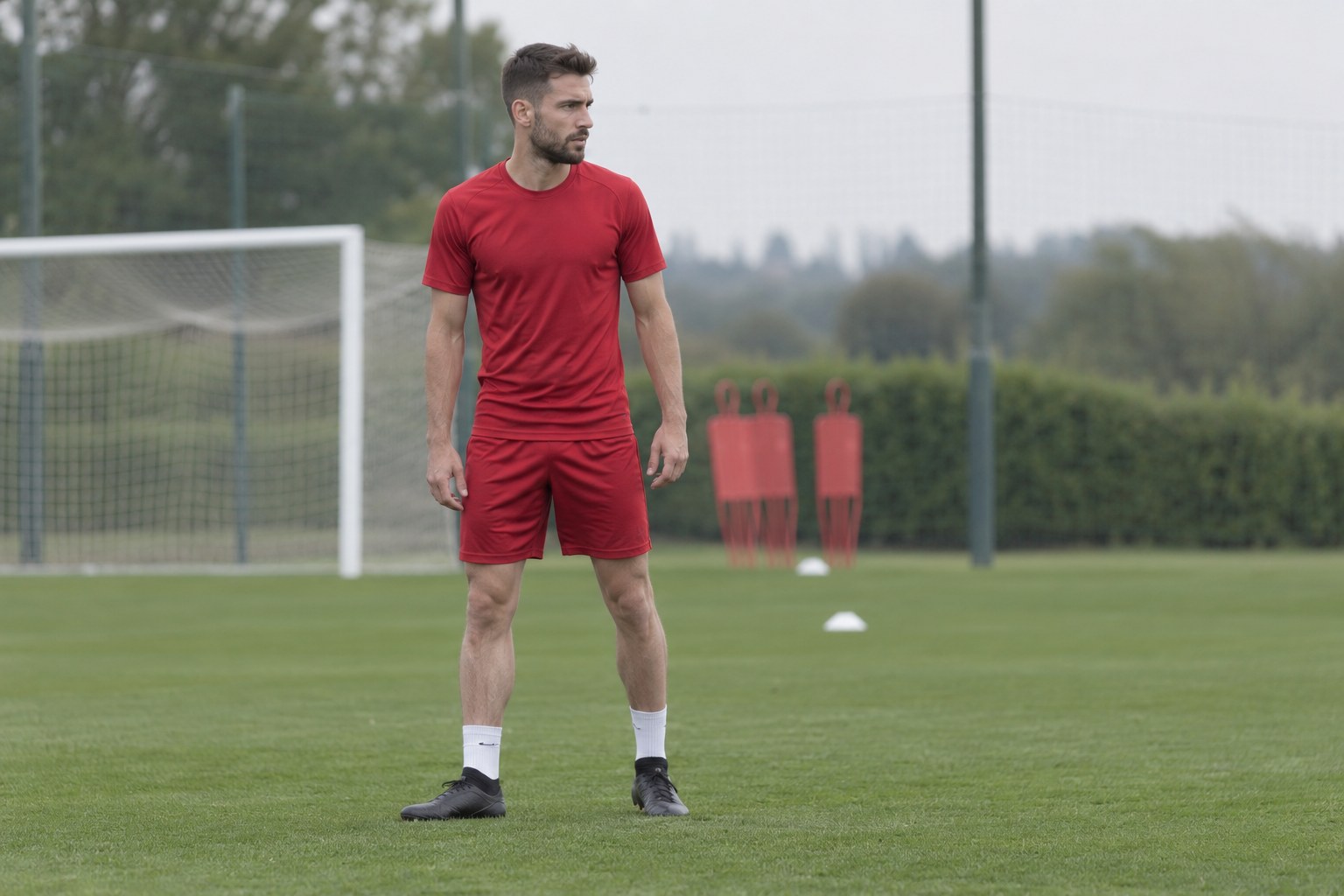 Ein Fußballspieler in roter Trainingskleidung auf einem Rasenplatz.