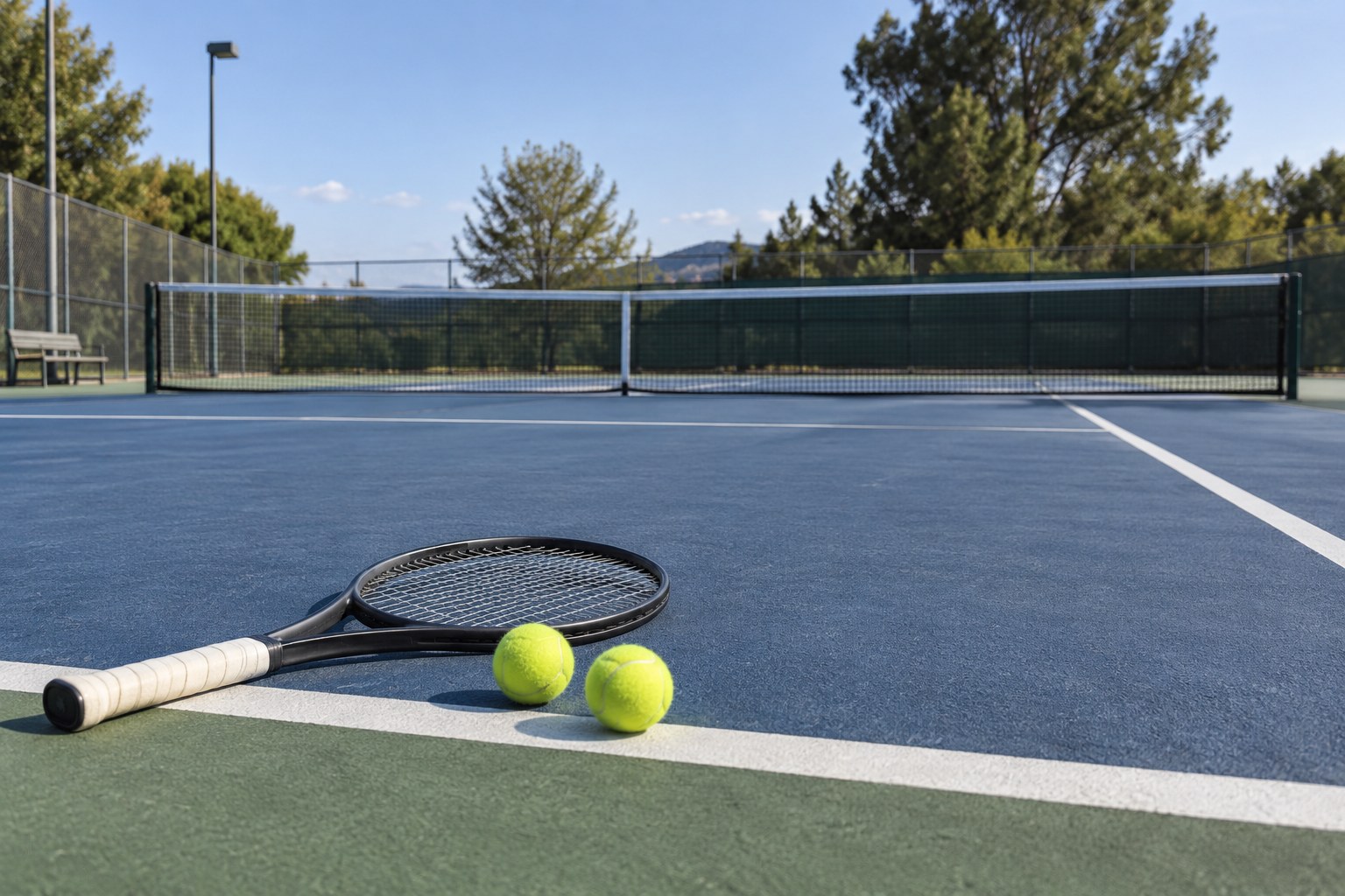 Tennisschläger und Bälle am Rand eines Hartplatzes.