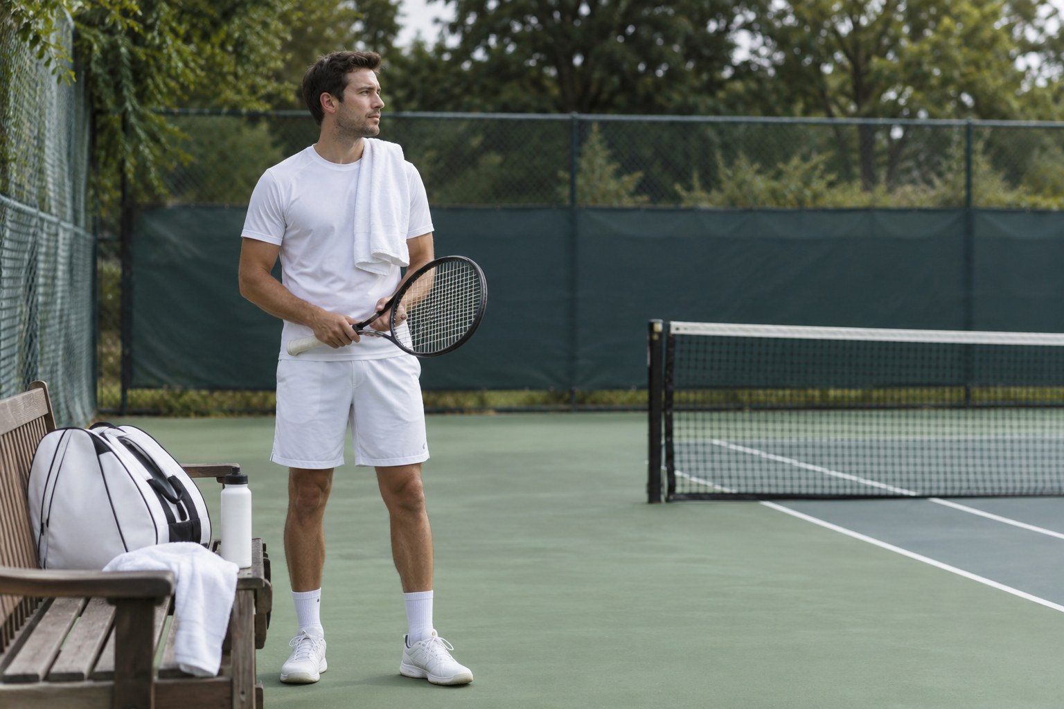 Ein Tennisspieler mit Schläger während einer Trainingspause.