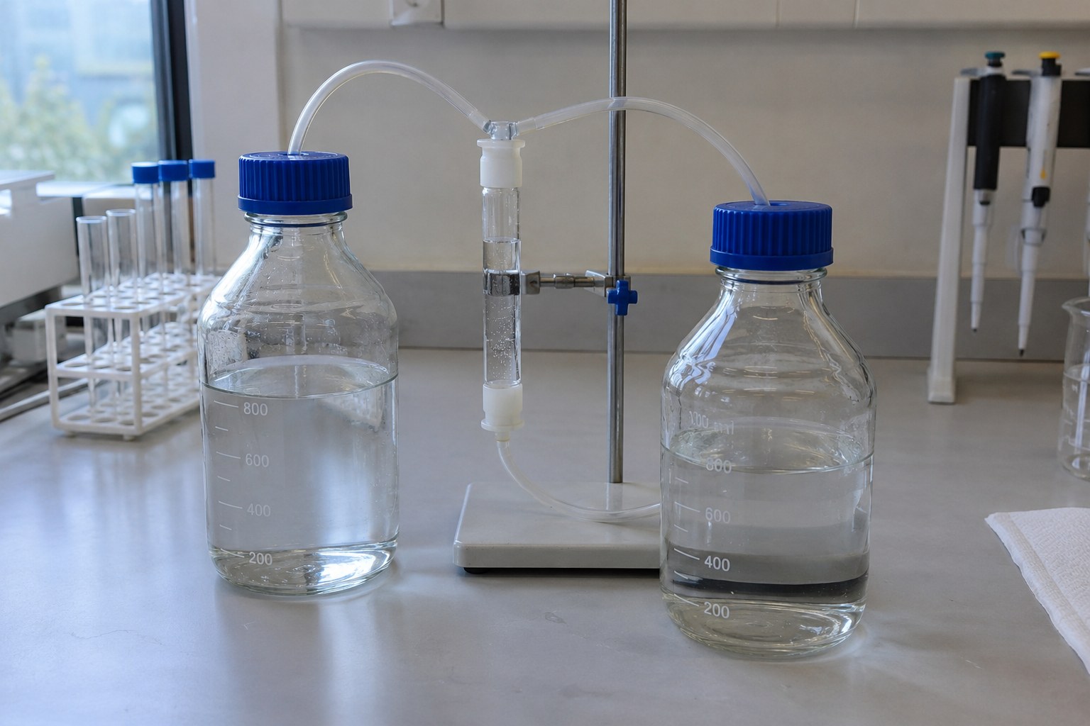 Wasserproben und ein kleiner Glasreaktor auf einer Laborbank.