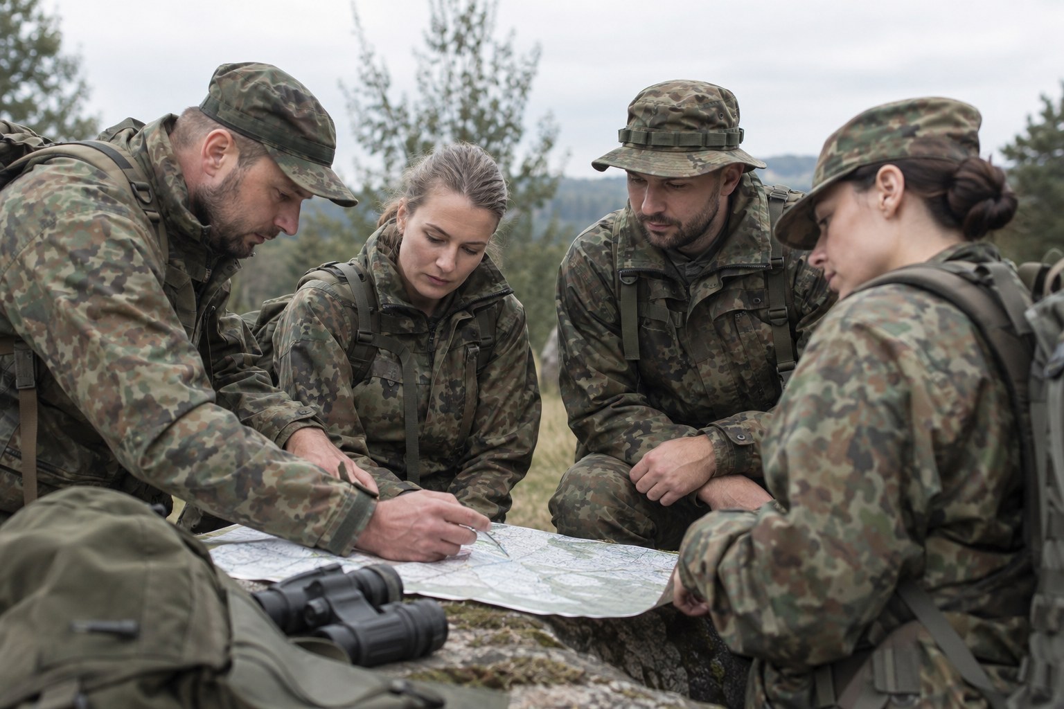 Reservisten besprechen eine Karte bei einer Übung.