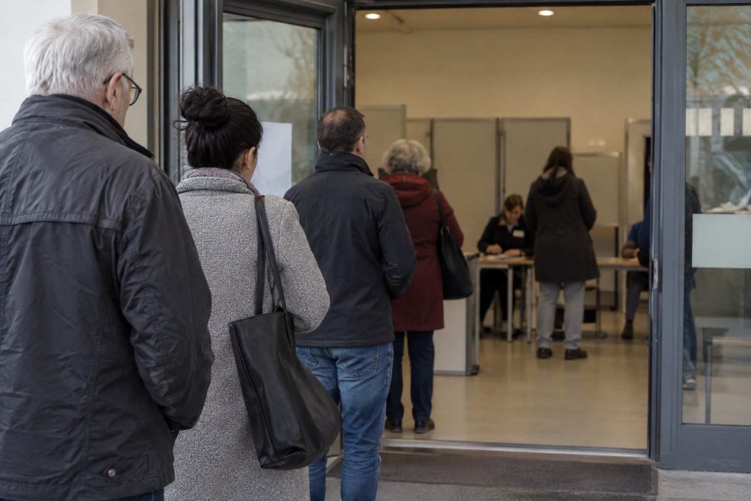 Menschen warten vor einem Wahllokal.