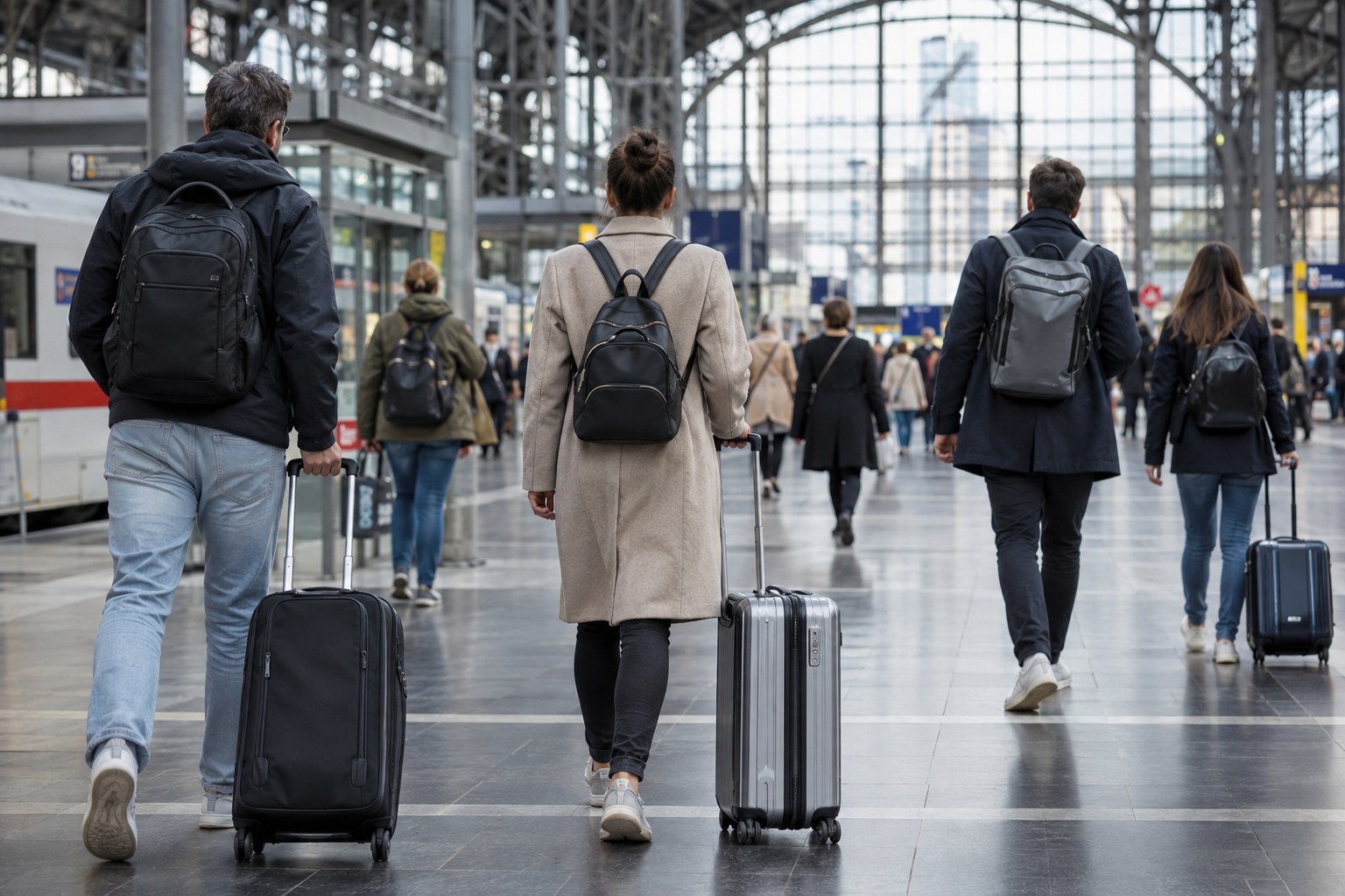 Reisende mit Koffern in einer Bahnhofshalle.