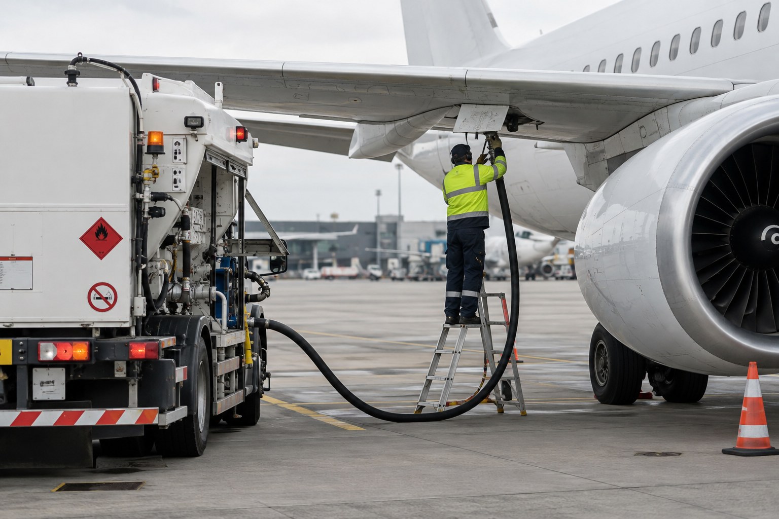 Ein Mitarbeiter betankt ein Passagierflugzeug am Boden.