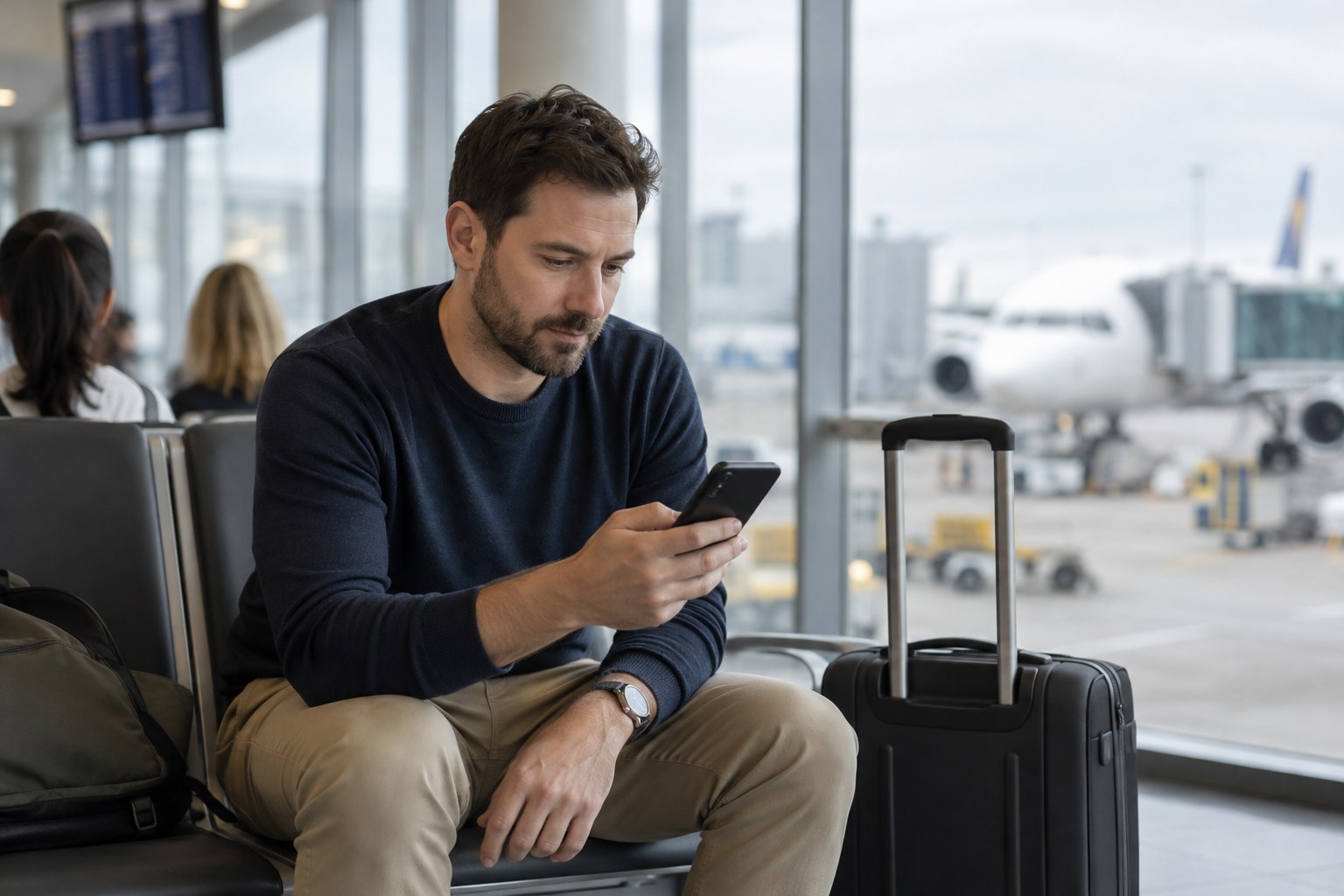 Ein Reisender prüft sein Smartphone im Flughafenterminal.