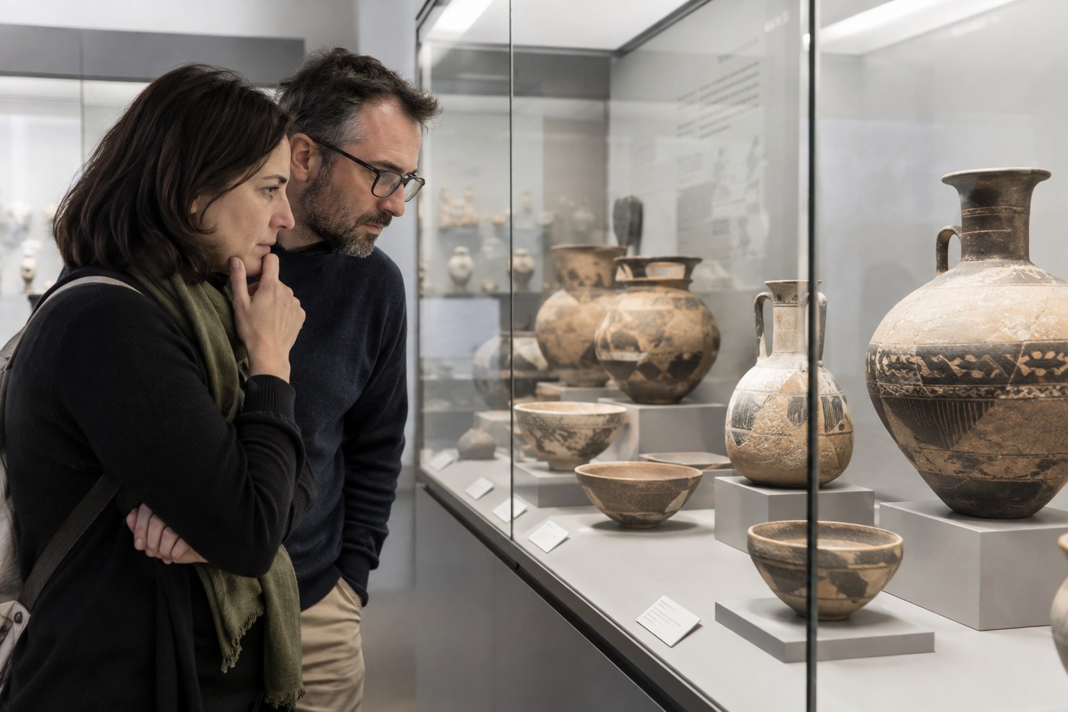 Besucher betrachten Keramik in einer Museumsvitrine.