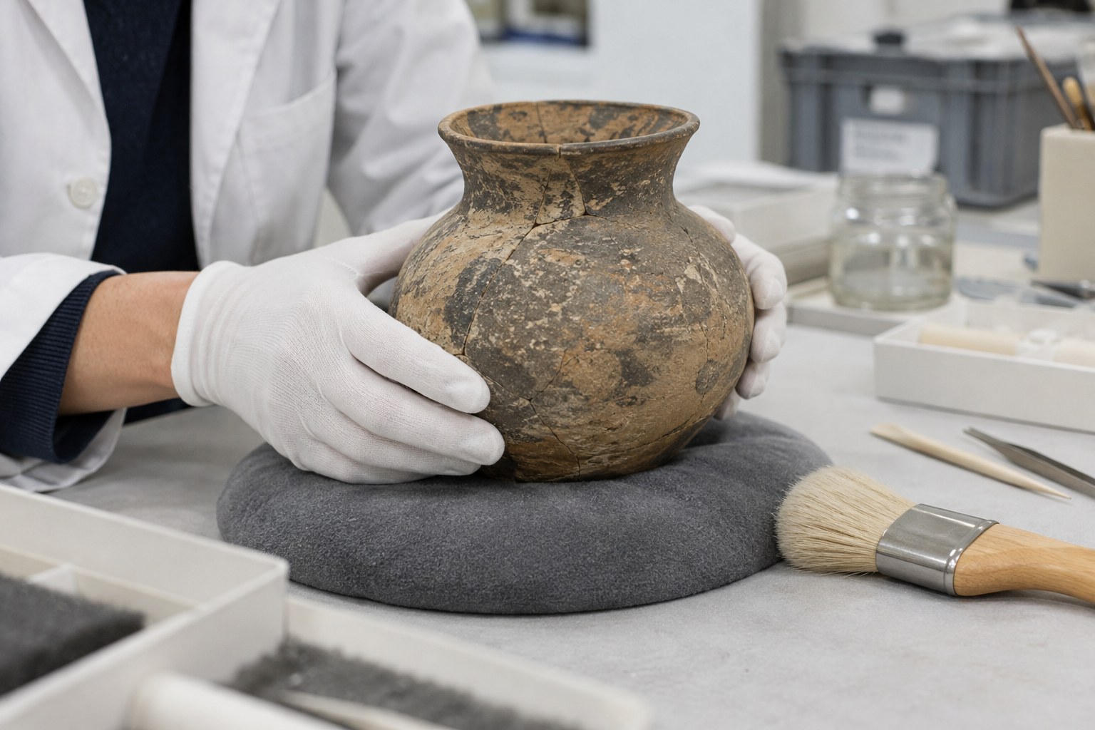 Behandschuhte Hände sichern ein historisches Keramikgefäß.