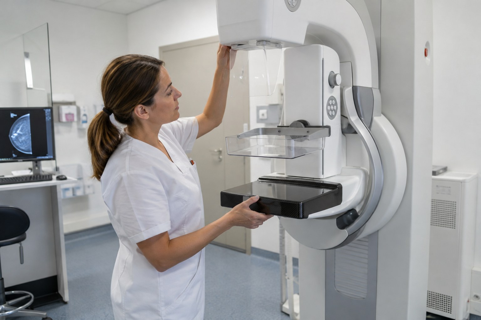 Eine medizinische Mitarbeiterin bereitet ein Mammografiegerät vor.