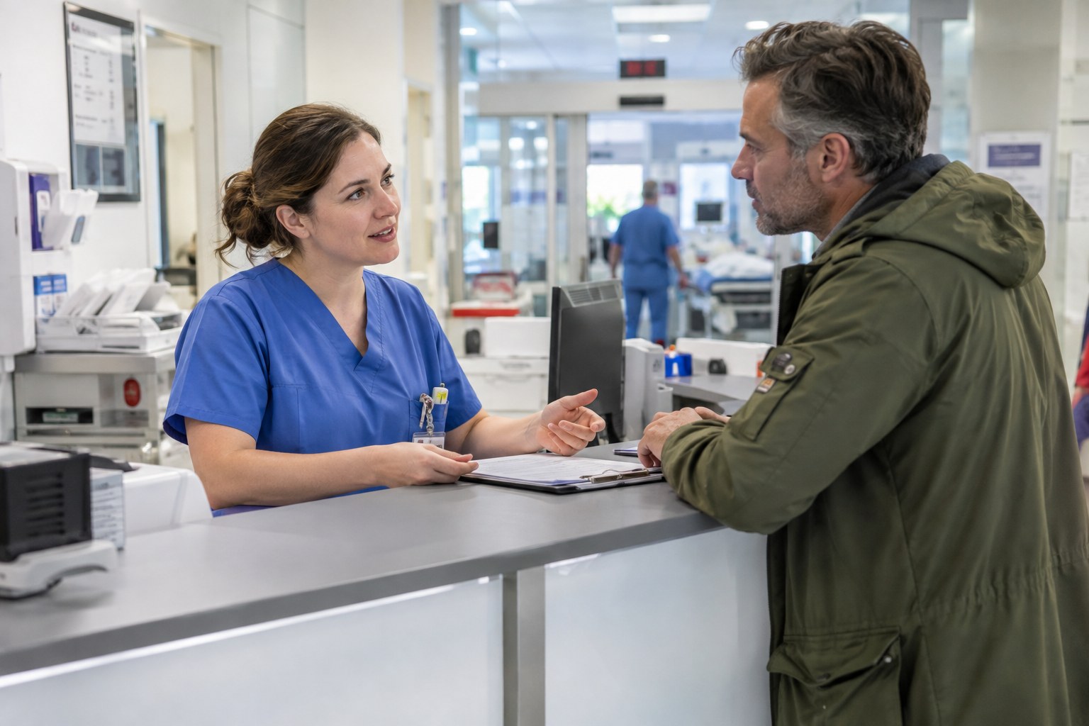 Eine Klinikmitarbeiterin spricht am Empfang mit einem Patienten.