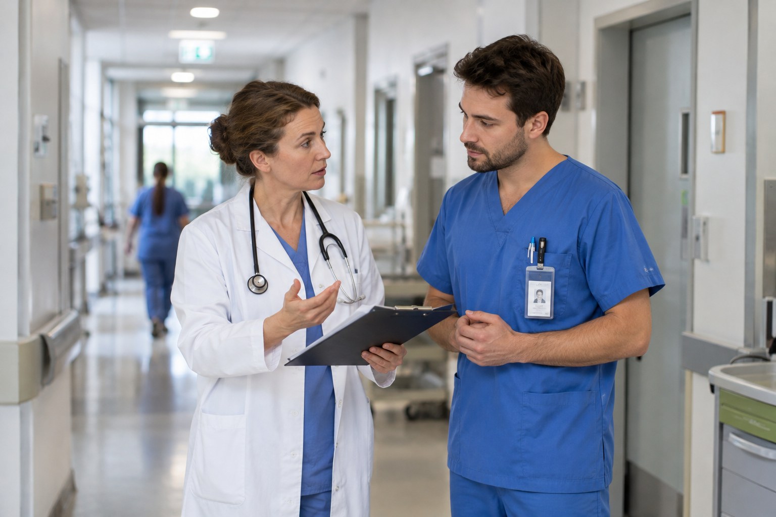 Eine Ärztin und ein Pfleger besprechen Unterlagen im Krankenhaus.
