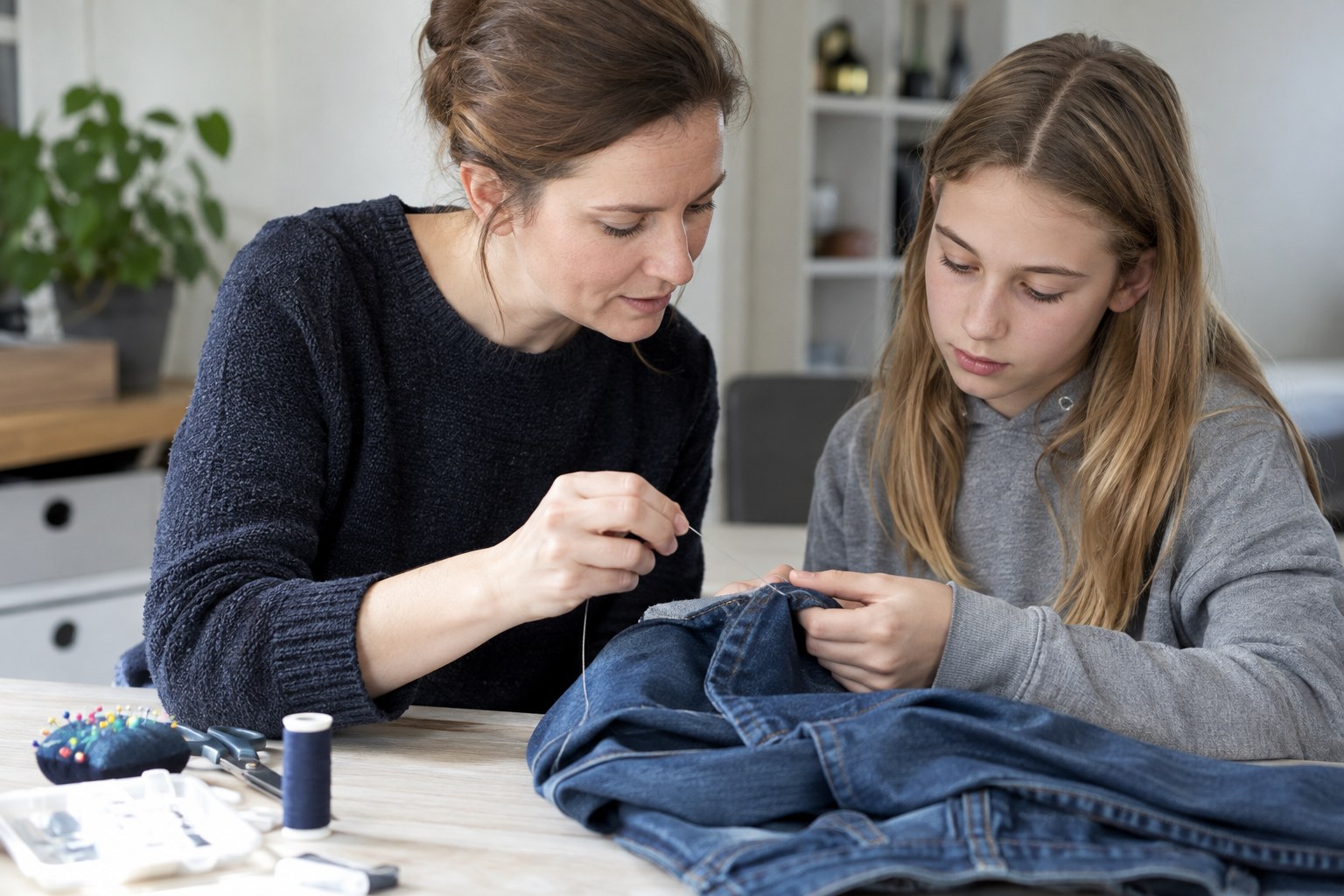 Eine Erwachsene und ein Kind arbeiten an einer Jeans.