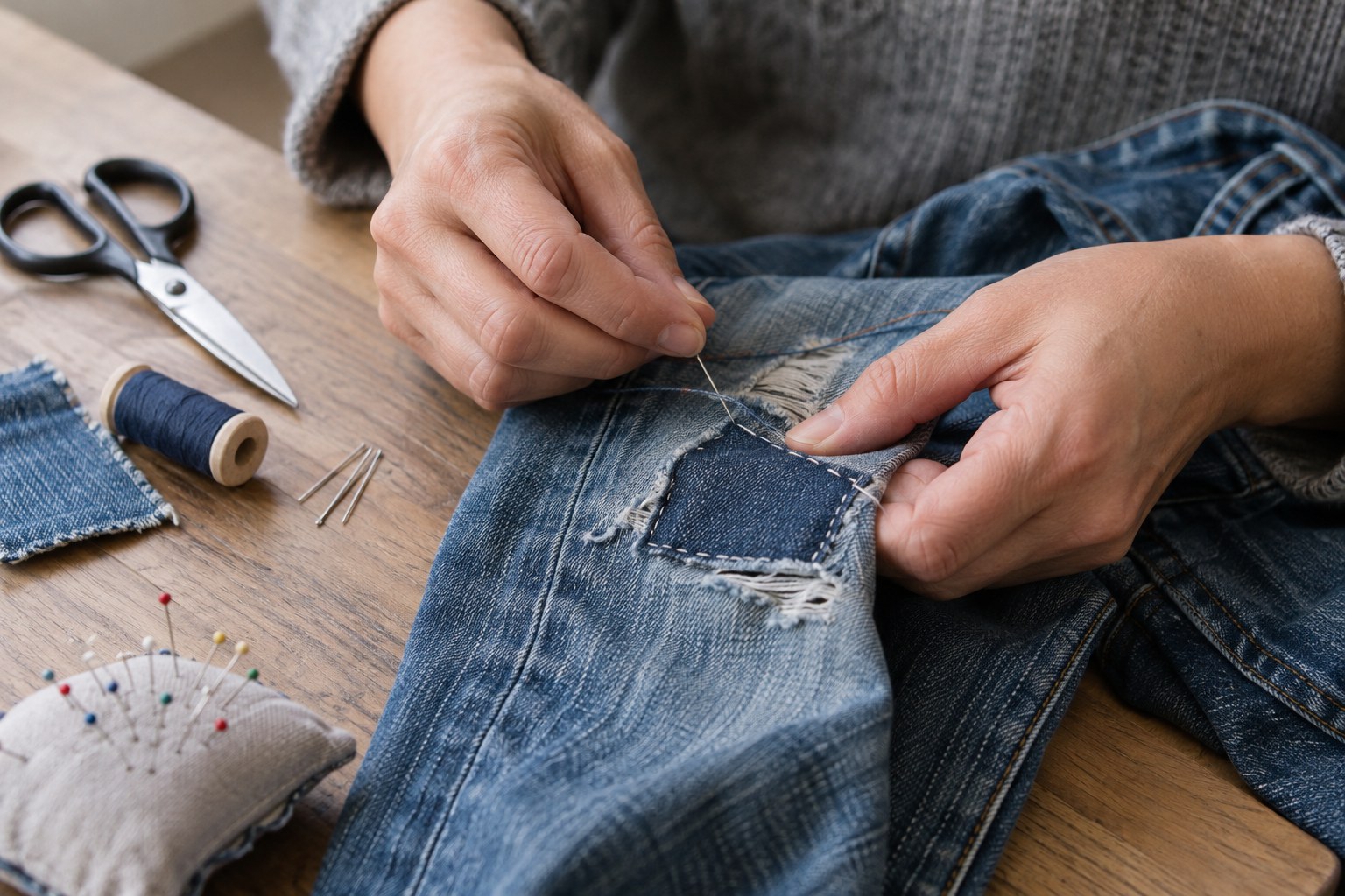 Hände nähen einen Stoffflicken auf eine beschädigte Jeans.