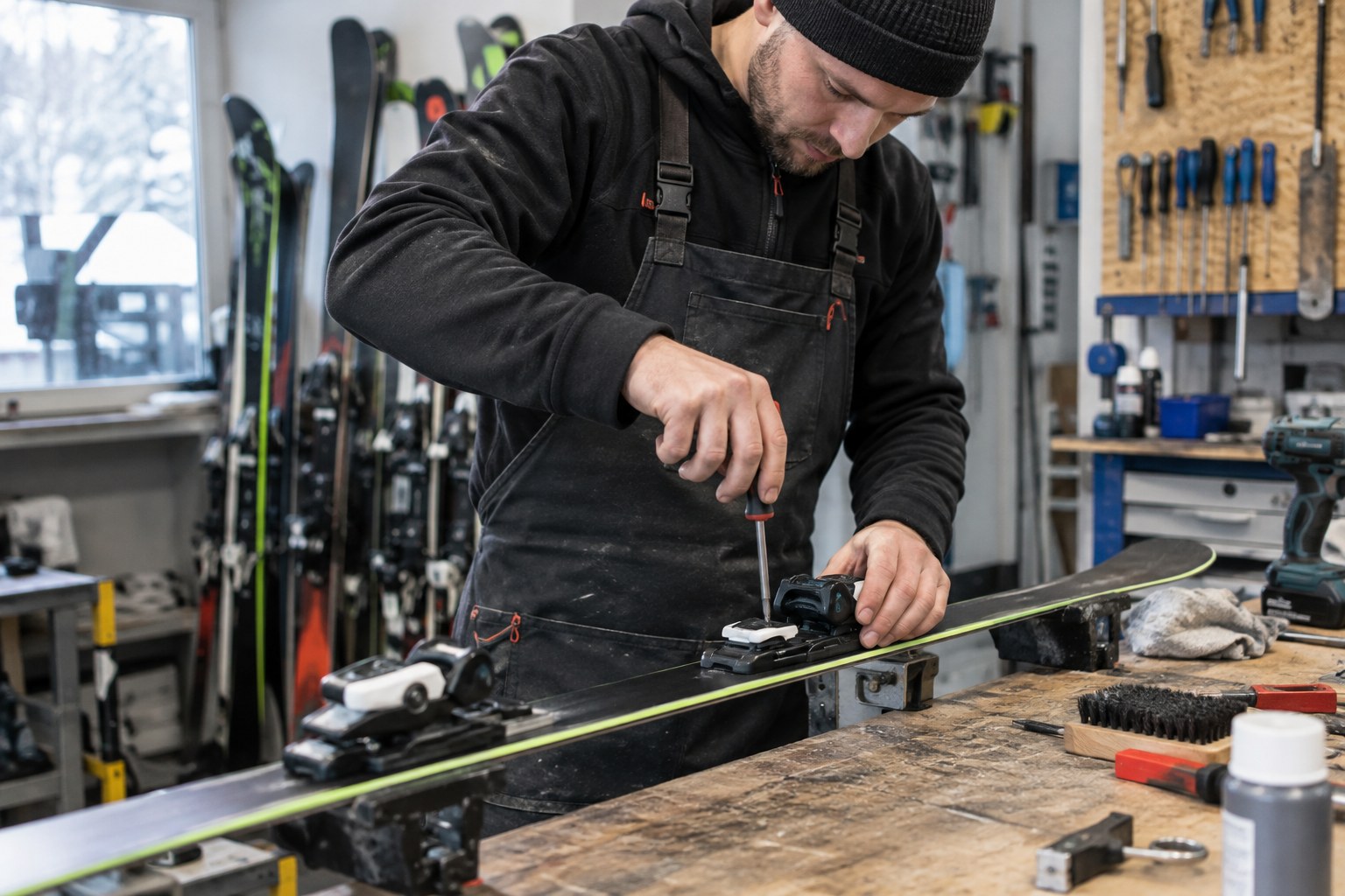 Ein Mitarbeiter prüft eine Skibindung in der Werkstatt.