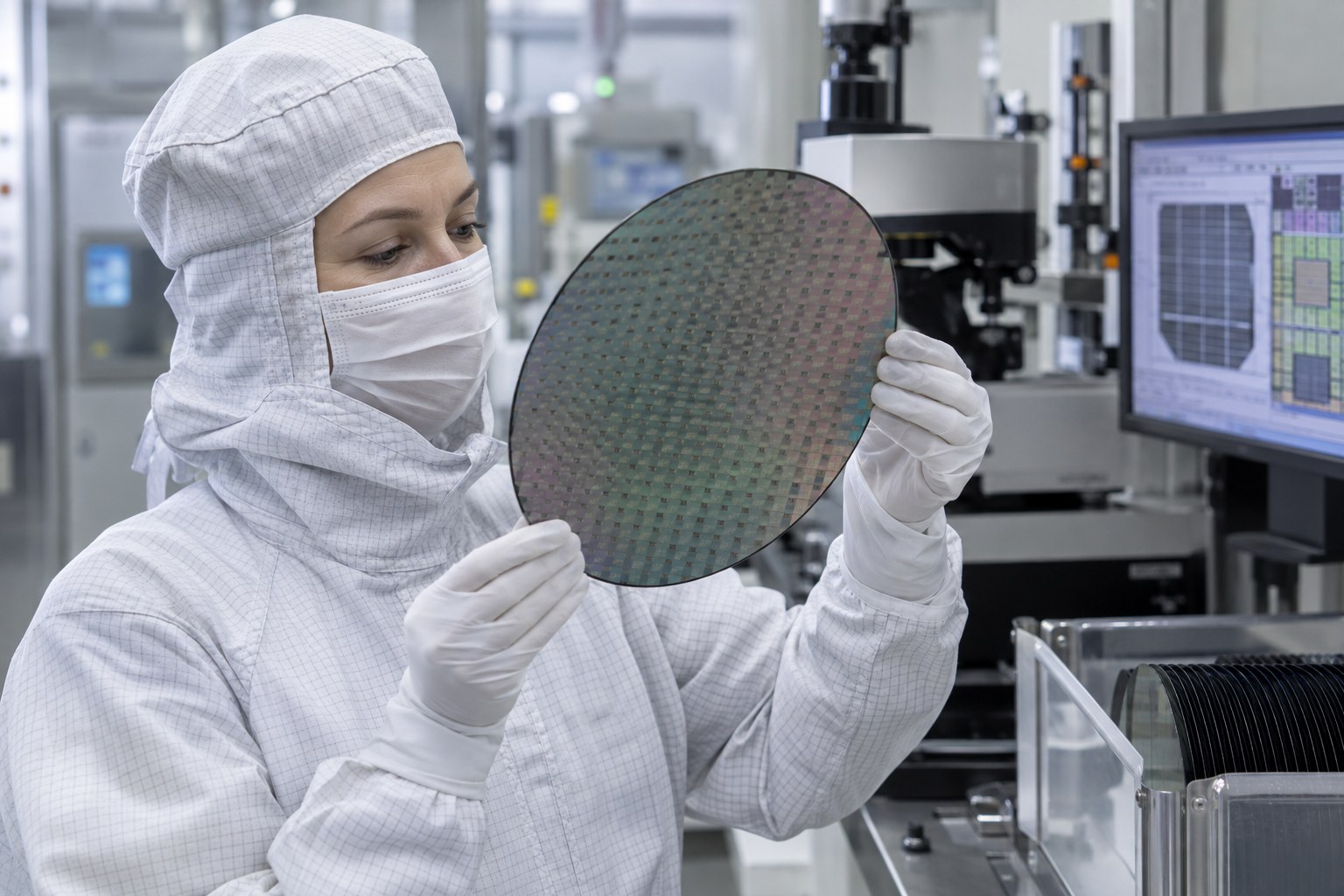 Eine Mitarbeiterin prüft einen Siliziumwafer im Reinraum.