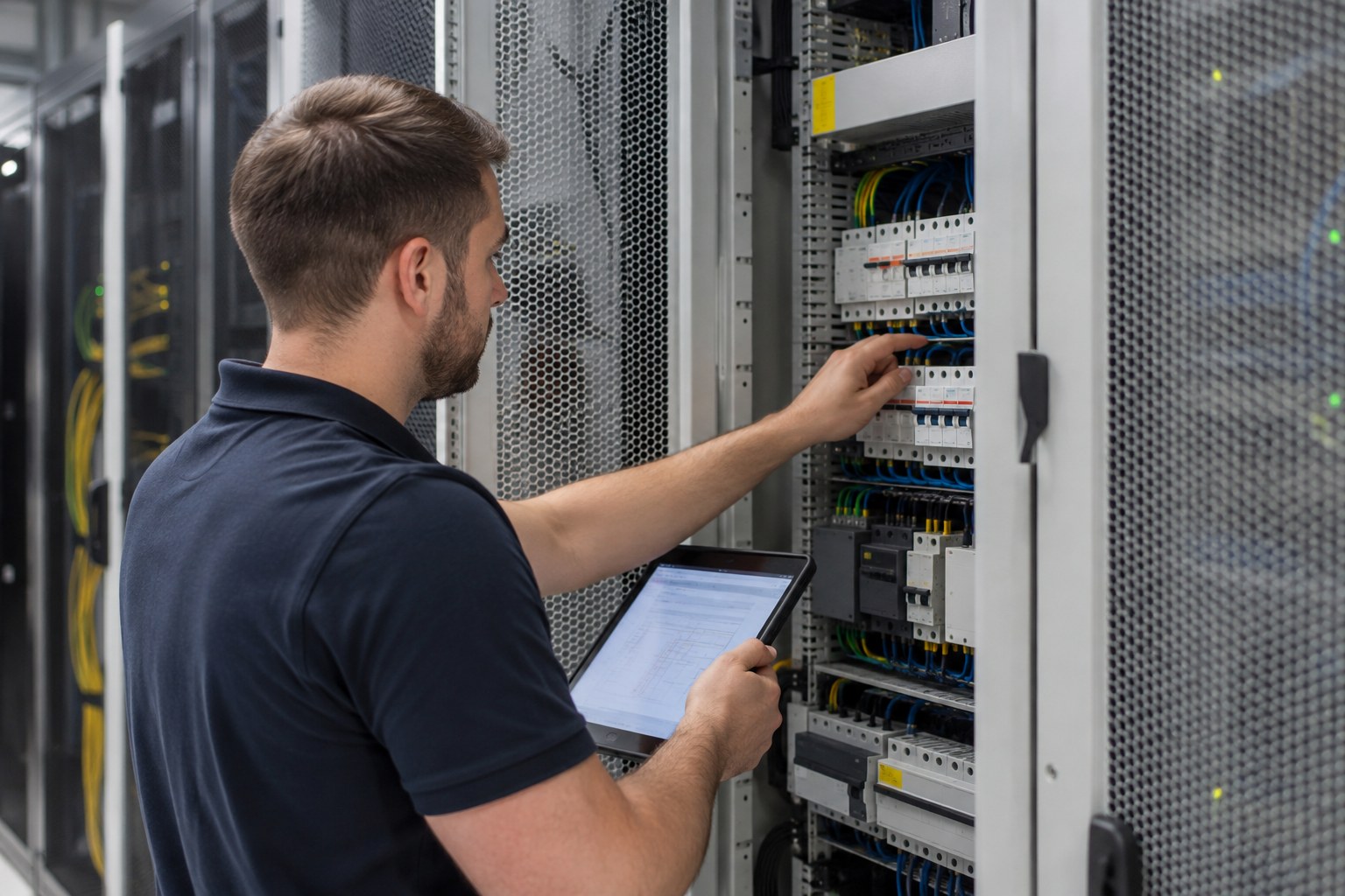 Ein Techniker kontrolliert die Infrastruktur eines Rechenzentrums.