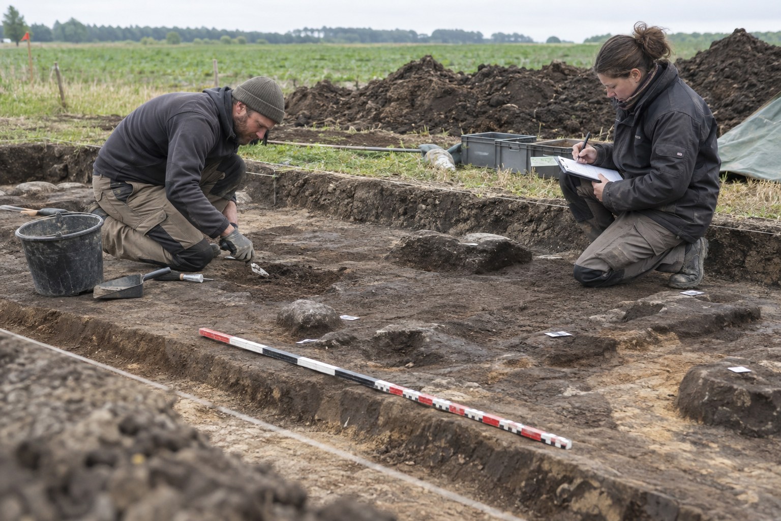 Archäologen dokumentieren eine Grabungsfläche auf einem Feld.