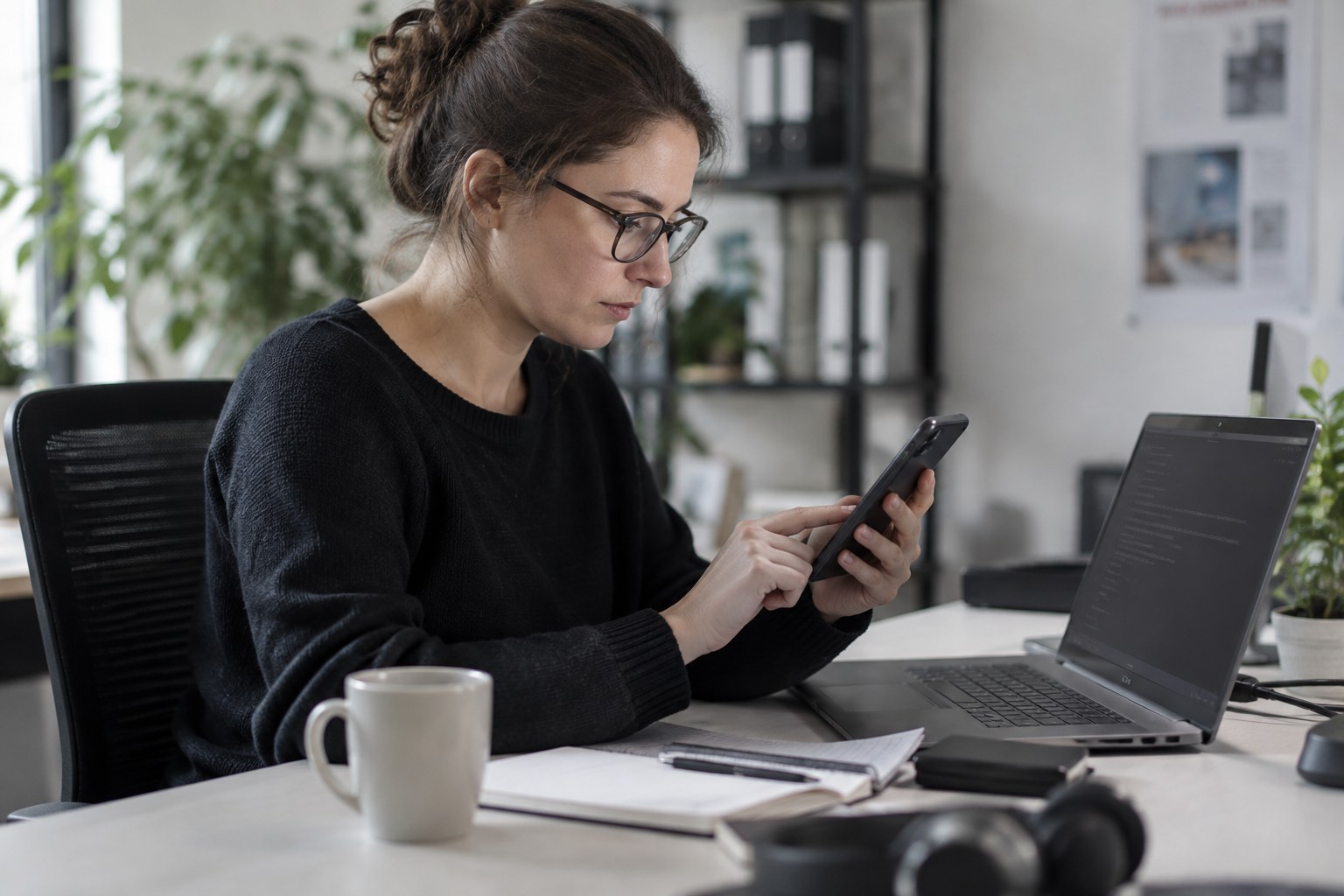 Eine Sicherheitsforscherin untersucht ein Smartphone am Arbeitsplatz.