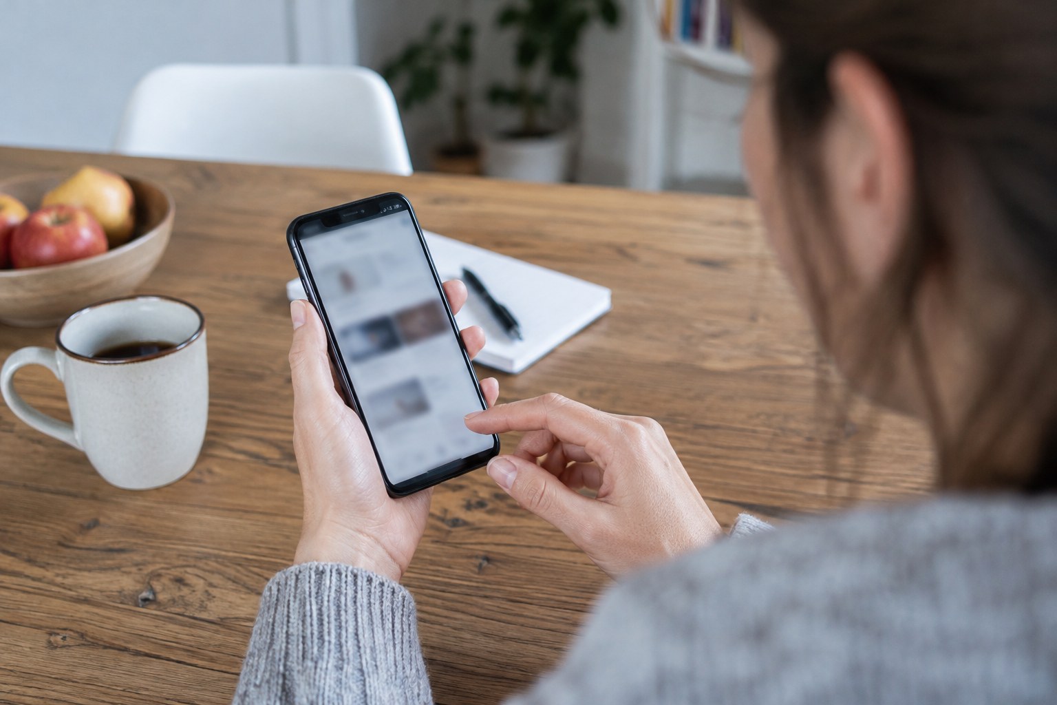 Eine Person nutzt ihr Smartphone an einem Tisch.