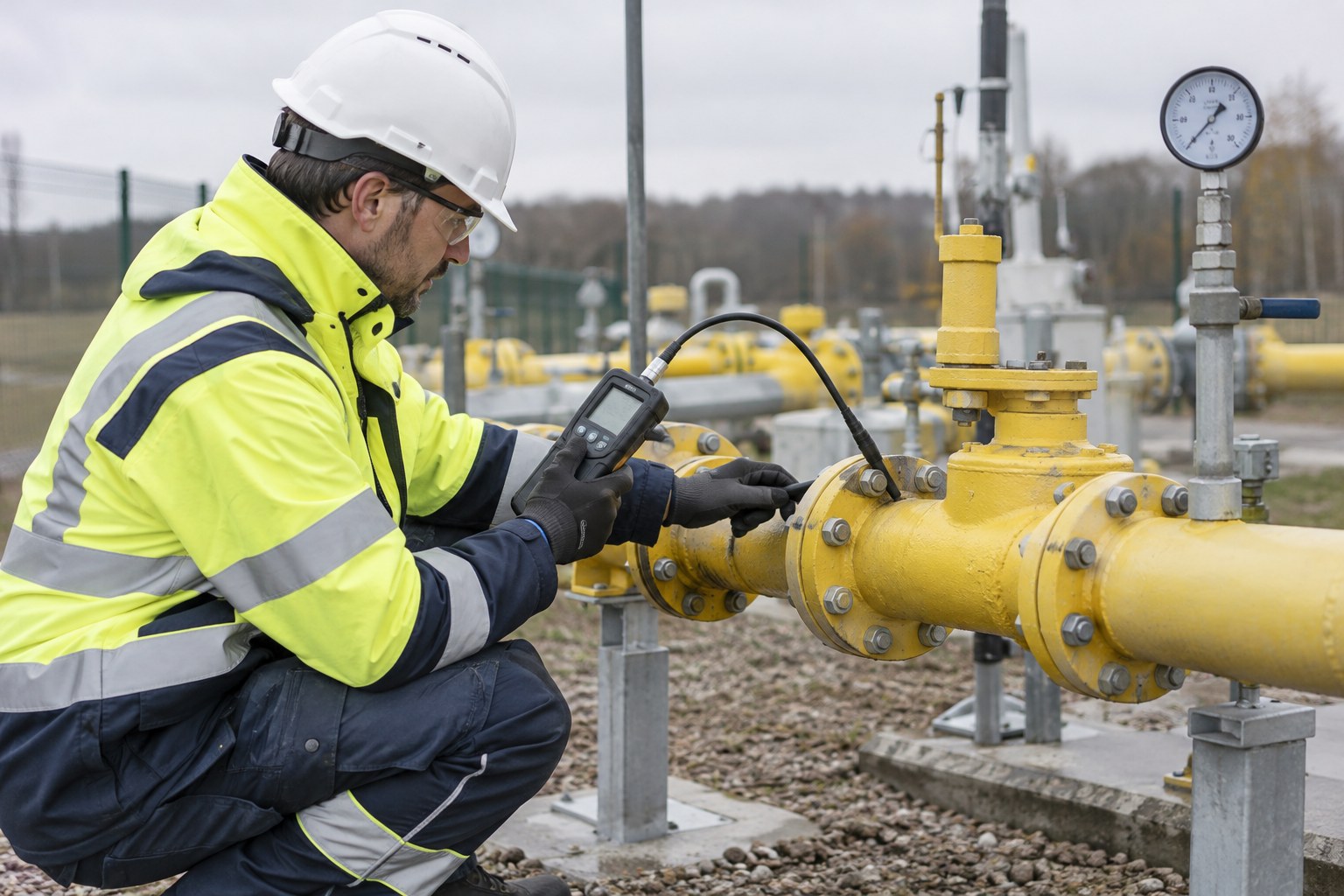 Ein Techniker prüft eine Rohrverbindung mit einem Gasmessgerät.