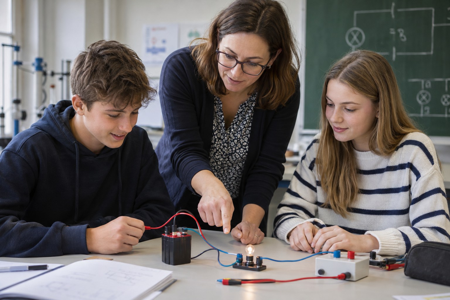 Eine Lehrerin begleitet Jugendliche bei einem Stromkreisexperiment.