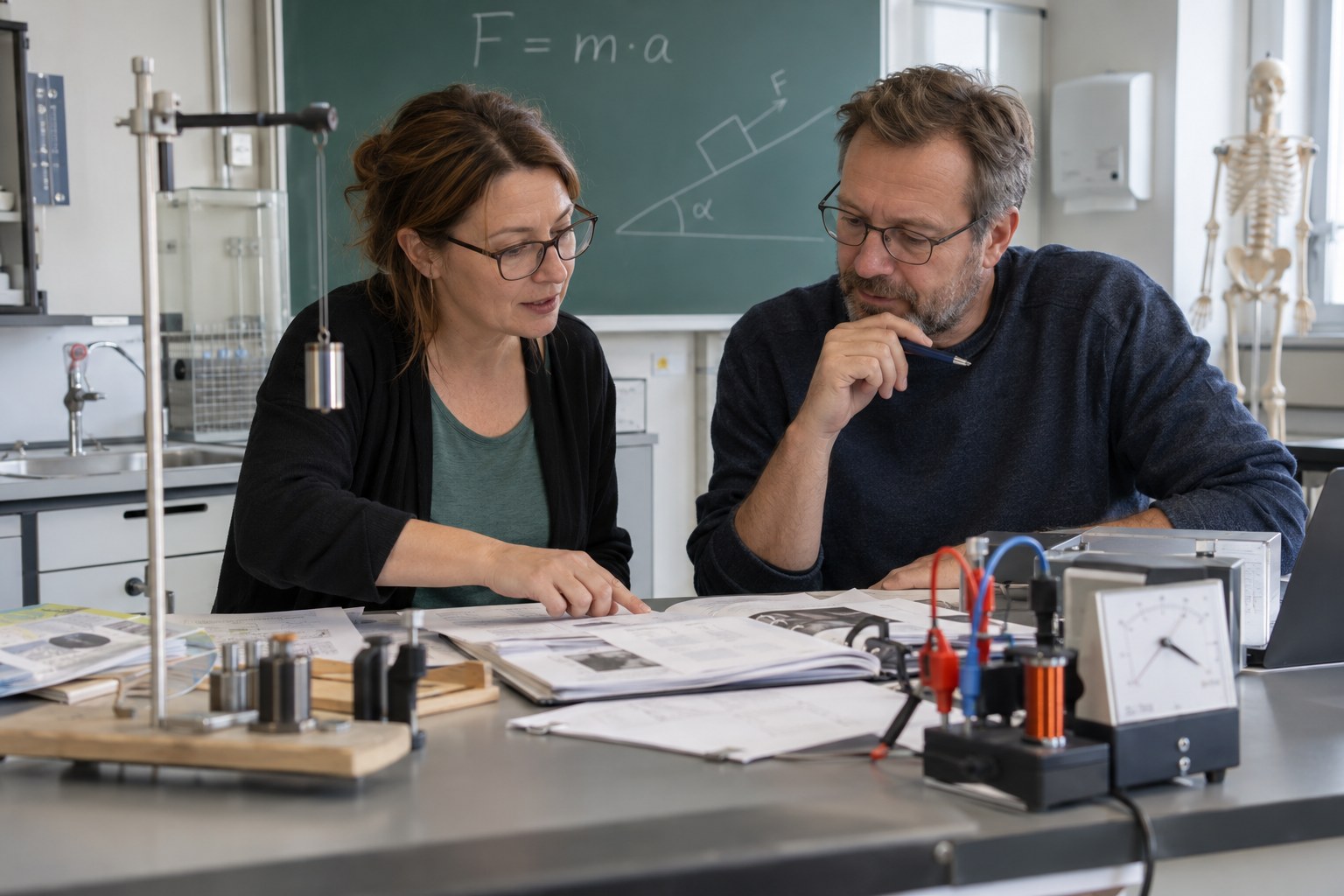 Zwei Lehrkräfte besprechen Unterlagen und Physikgeräte.