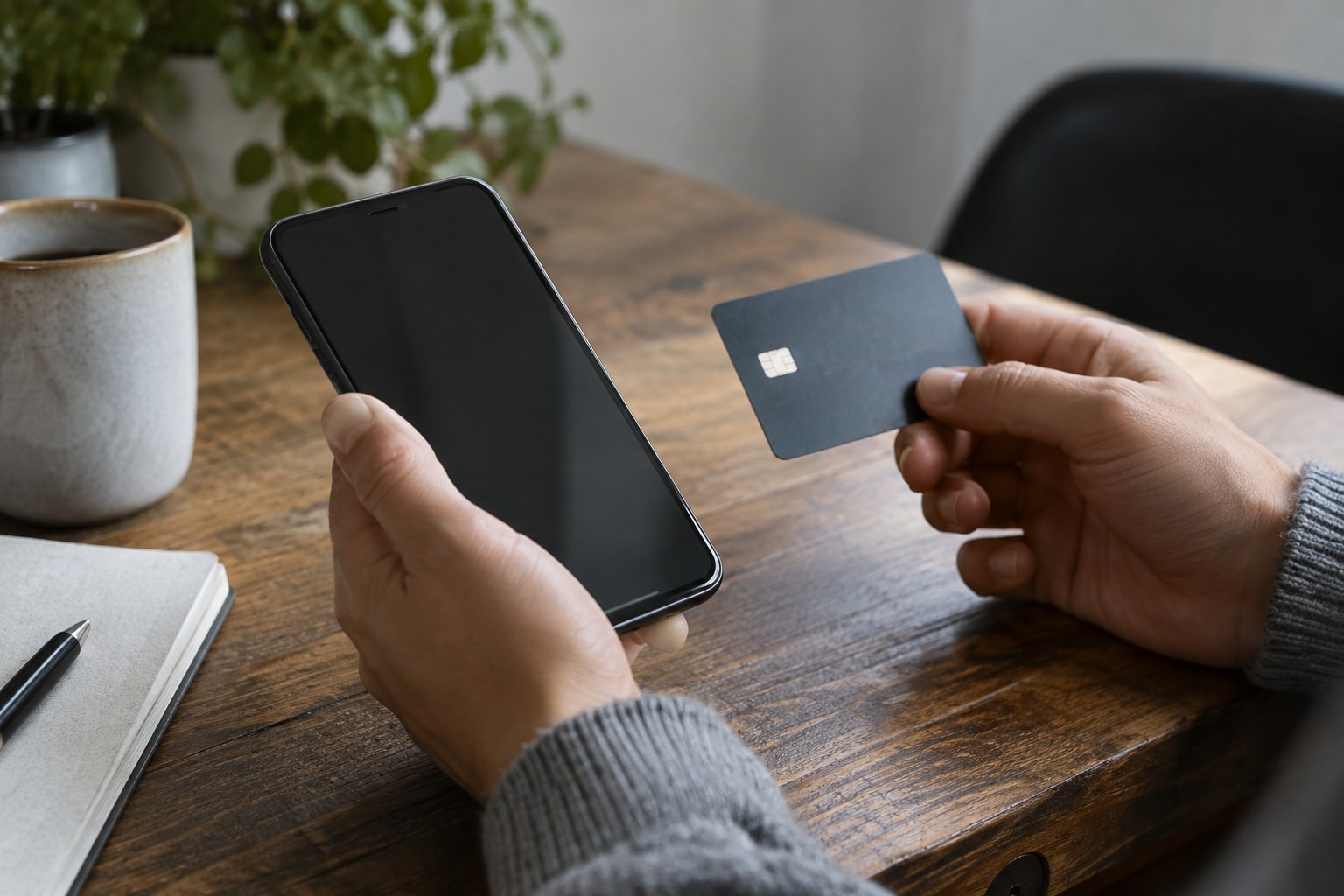 Hände halten ein Smartphone und eine Bankkarte.