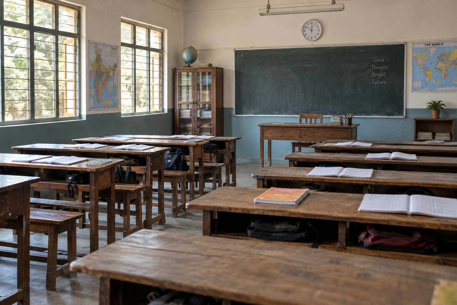 Ein leerer Klassenraum mit Schulbänken.