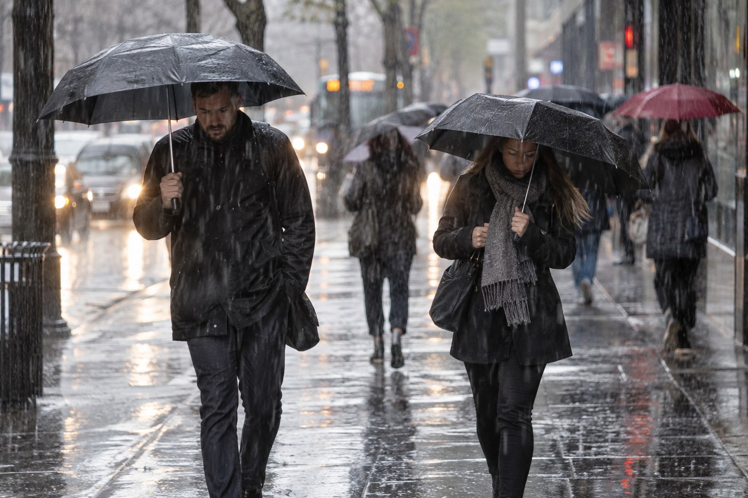 Menschen gehen bei starkem Regen mit Schirmen über eine Straße.