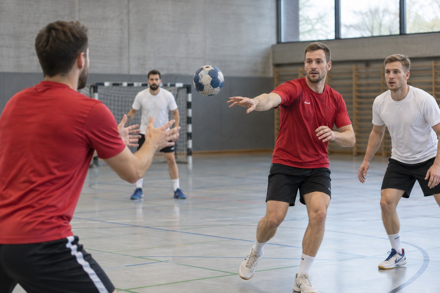 Handballer spielen sich in einer Halle den Ball zu.