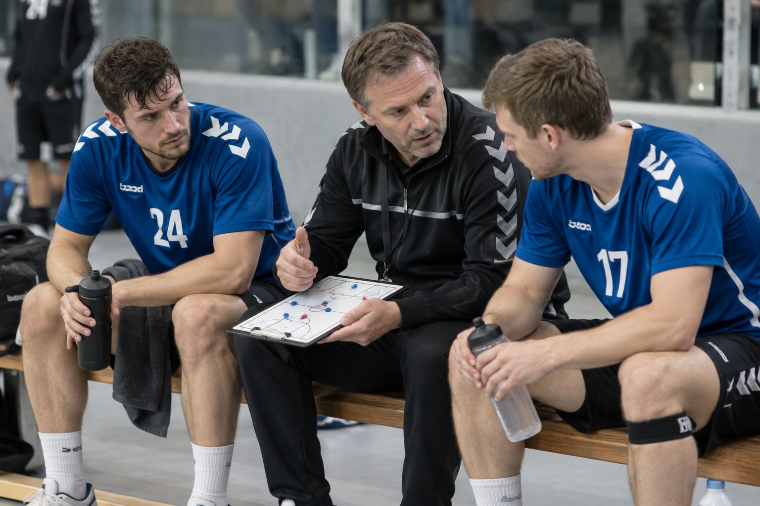 Ein Trainer bespricht mit Handballspielern die Taktik.