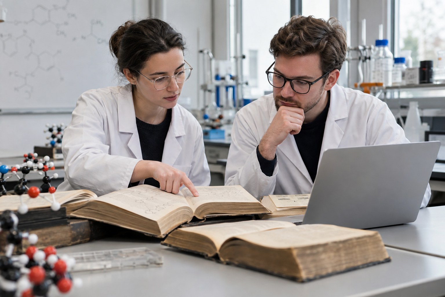 Forschende vergleichen historische Bücher und Notizen.