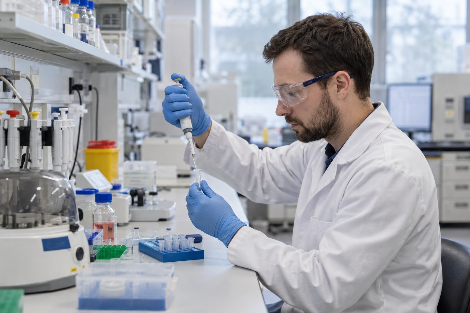 Eine Chemikerin arbeitet mit einer Pipette im Labor.