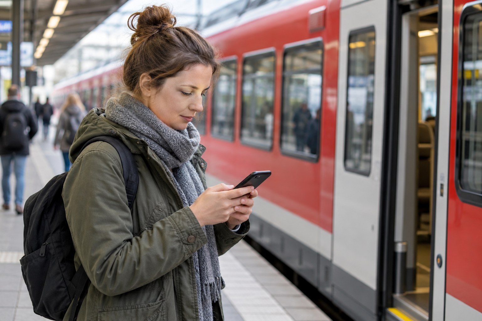 Eine Reisende nutzt ihr Smartphone auf einem Bahnsteig.