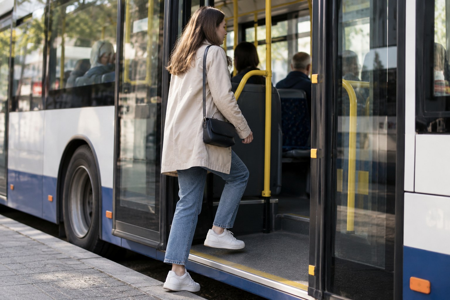 Eine Frau steigt in einen Linienbus ein.
