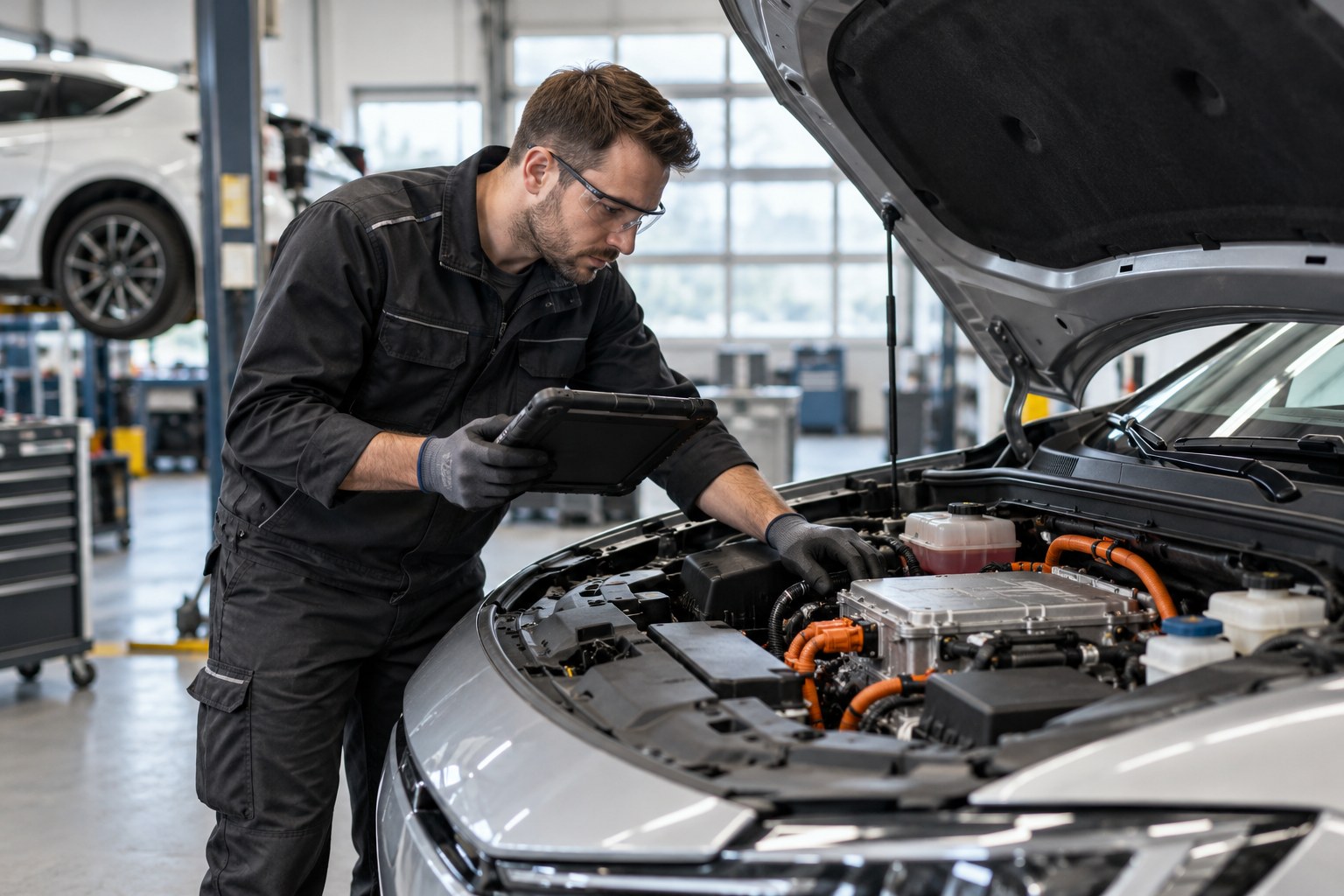 Ein Mechatroniker prüft ein Elektroauto in der Werkstatt.