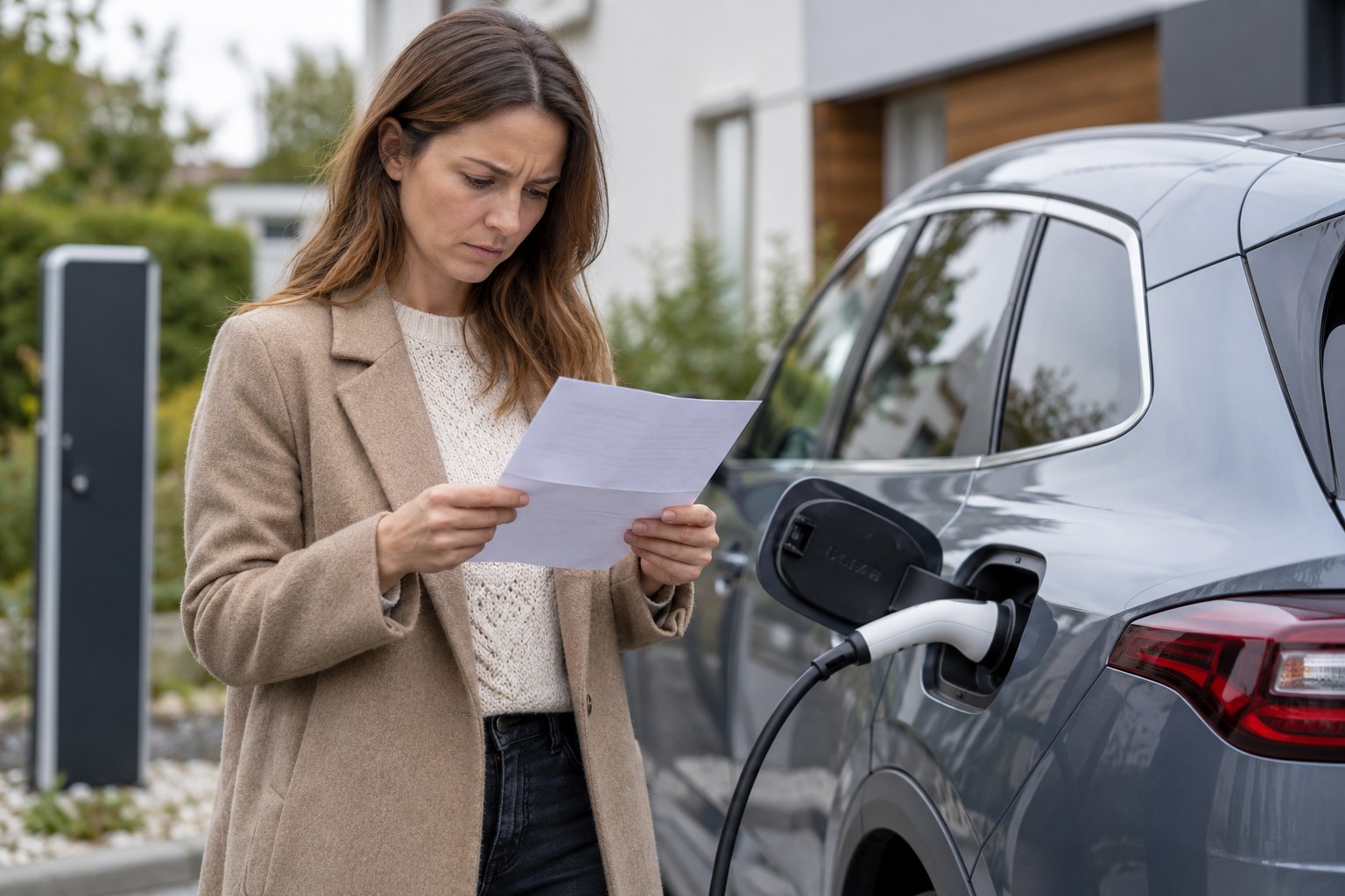 Eine Fahrzeughalterin liest einen Brief neben ihrem Auto.