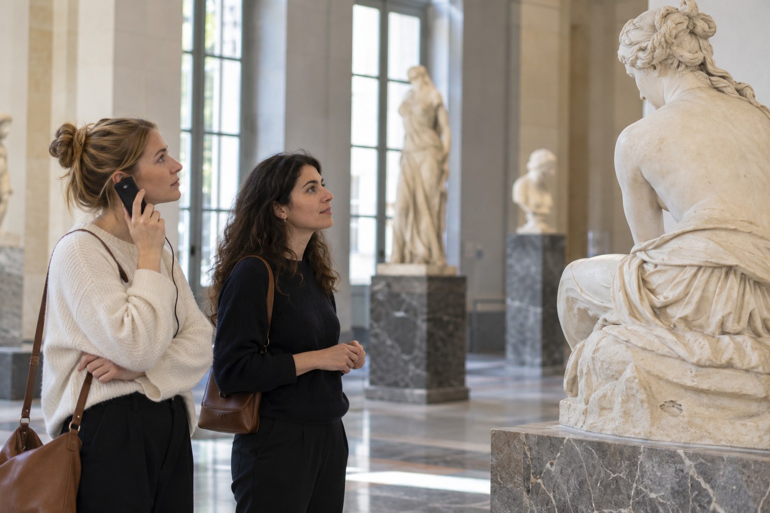 Zwei Besucherinnen betrachten Skulpturen im Museum.