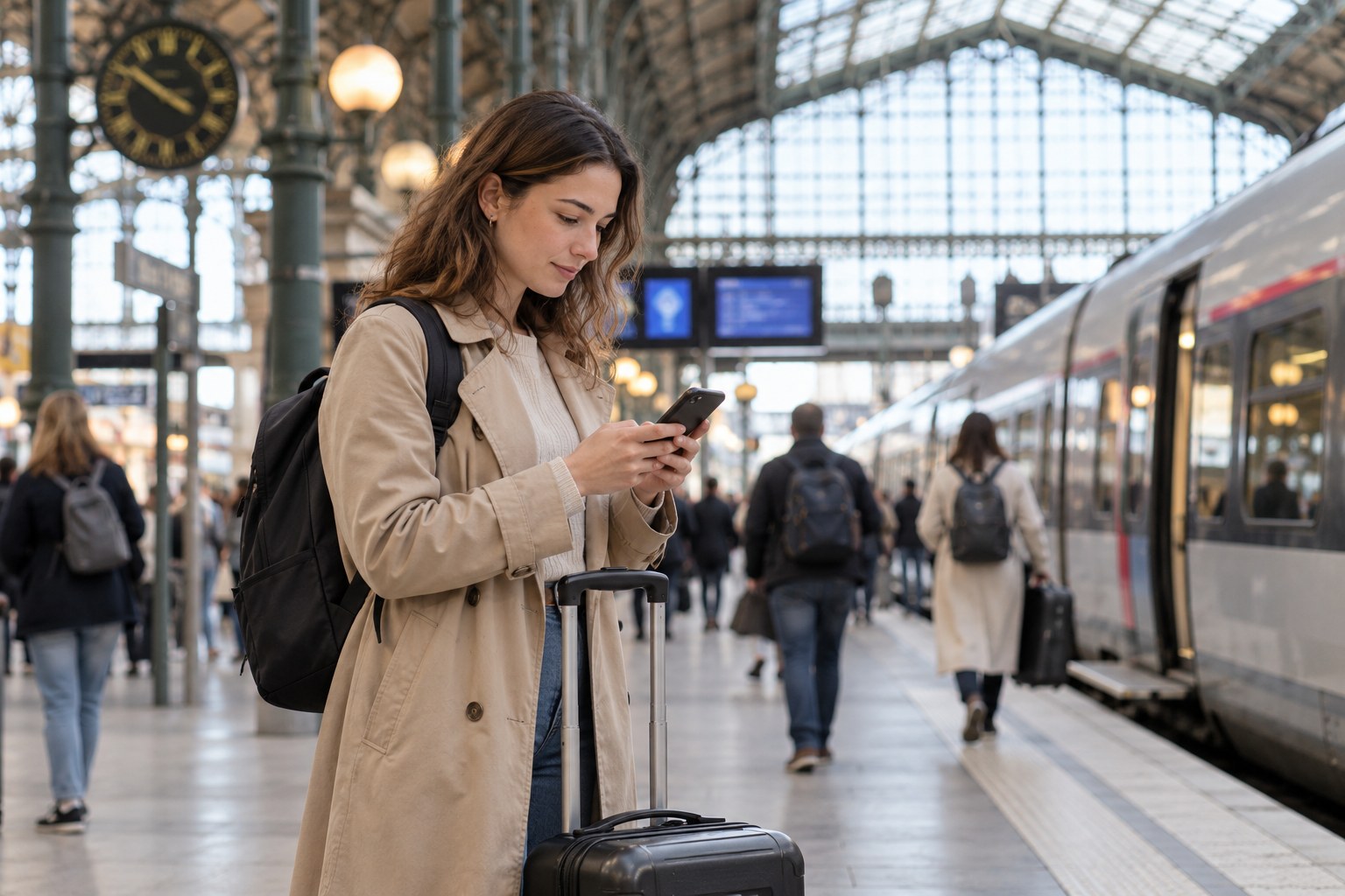 Eine Reisende prüft Informationen am Bahnhof.