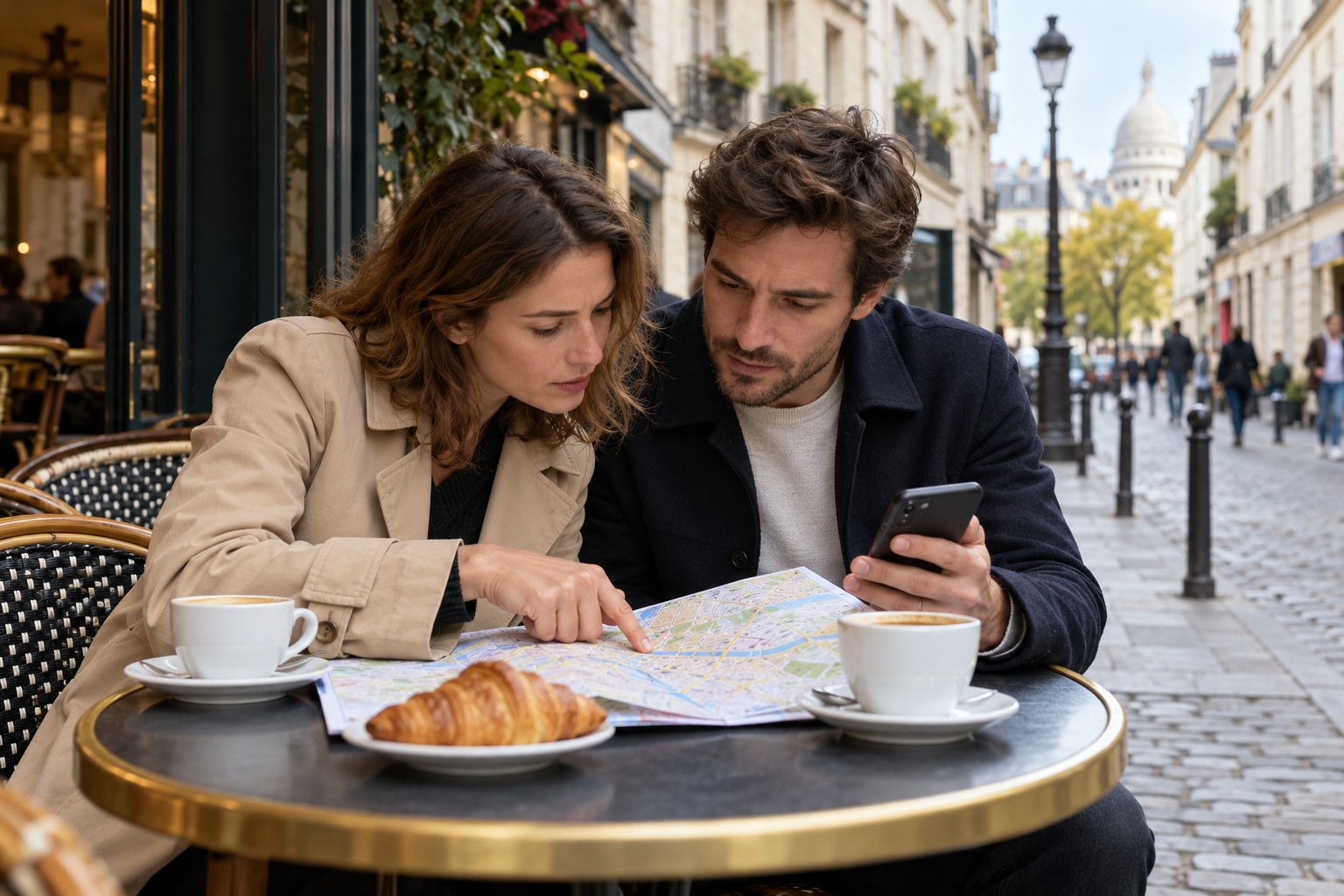 Zwei Menschen besprechen Karte und Smartphone an einem Cafétisch.