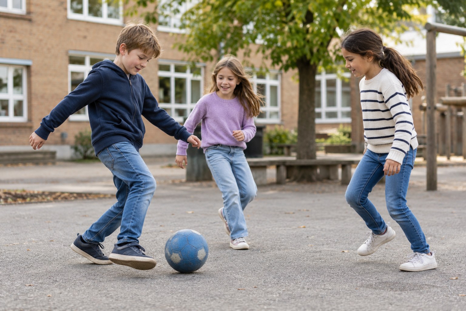 Kinder spielen mit einem Ball auf einem Schulhof.