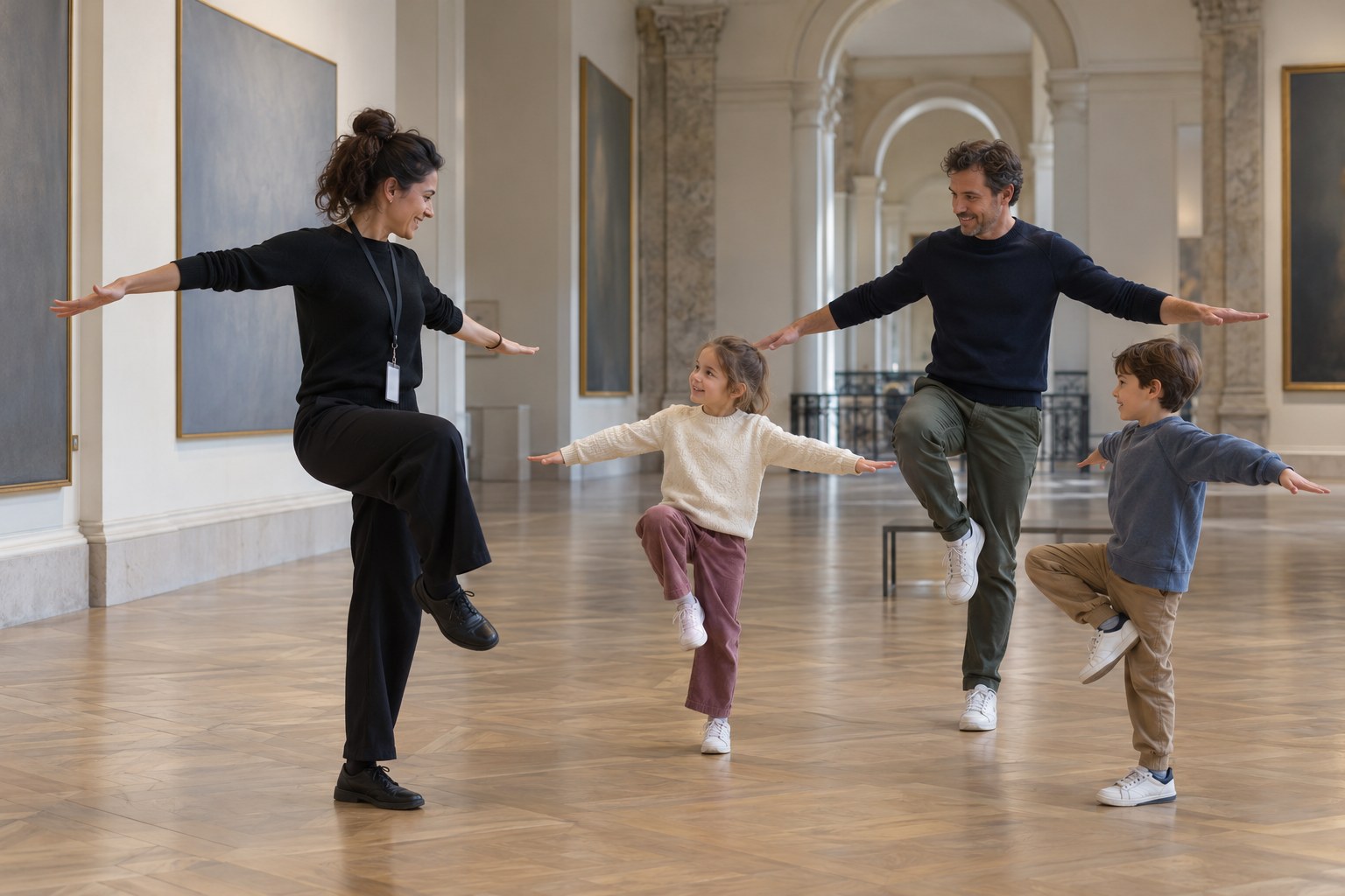 Eine Familie macht mit einer Vermittlerin Bewegungsübungen im Museum.