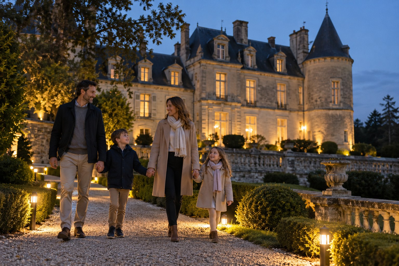 Eine Familie geht auf einem beleuchteten Gartenweg.