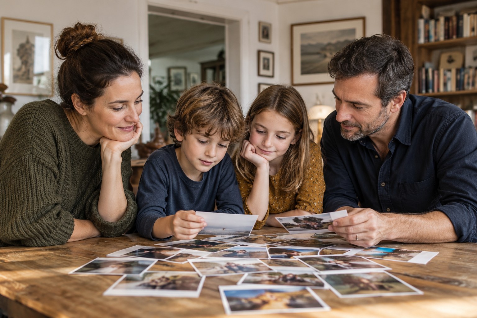 Eine Familie betrachtet Fotoabzüge.