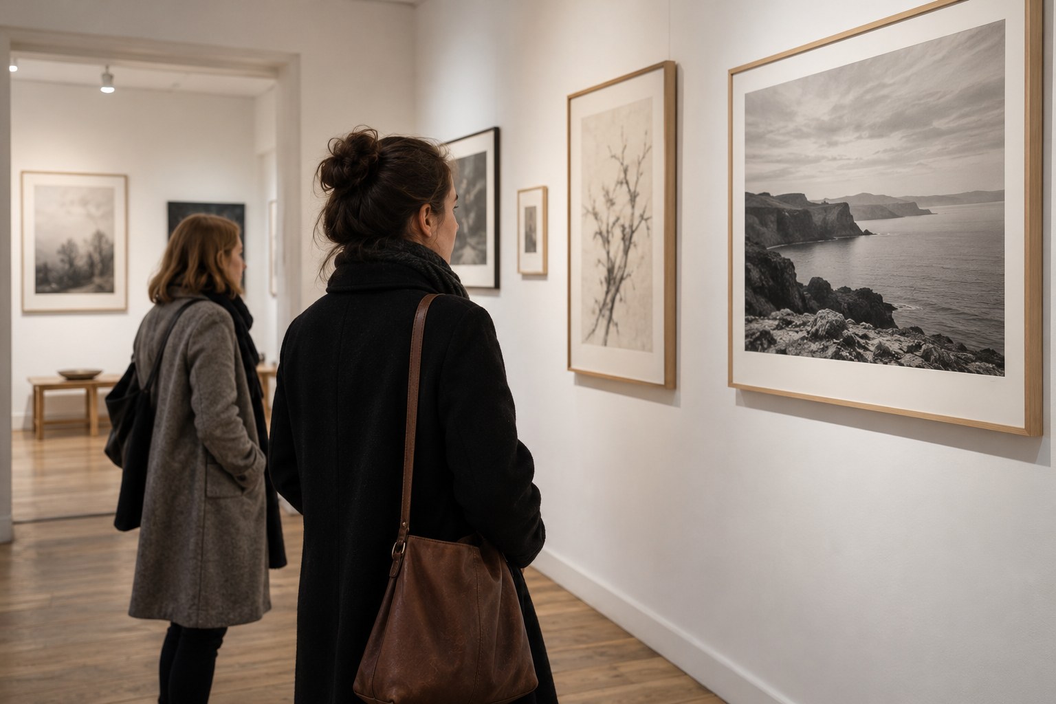 Besucherinnen betrachten Arbeiten in einer Galerie.