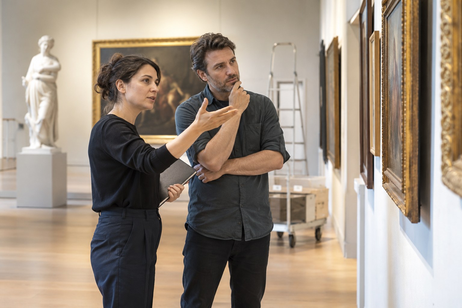 Zwei Museumsmitarbeitende besprechen eine Ausstellung.
