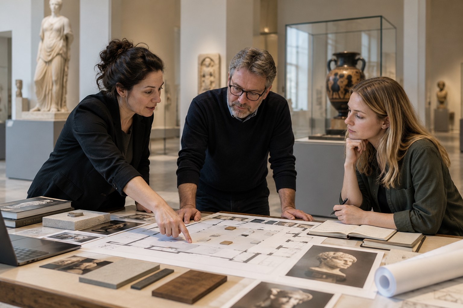 Ein Museumsteam prüft gemeinsam einen Ausstellungsplan.