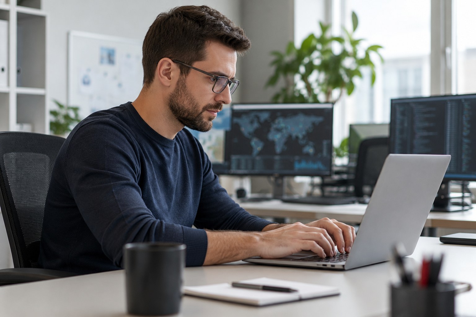 Ein IT-Mitarbeiter arbeitet am Laptop.