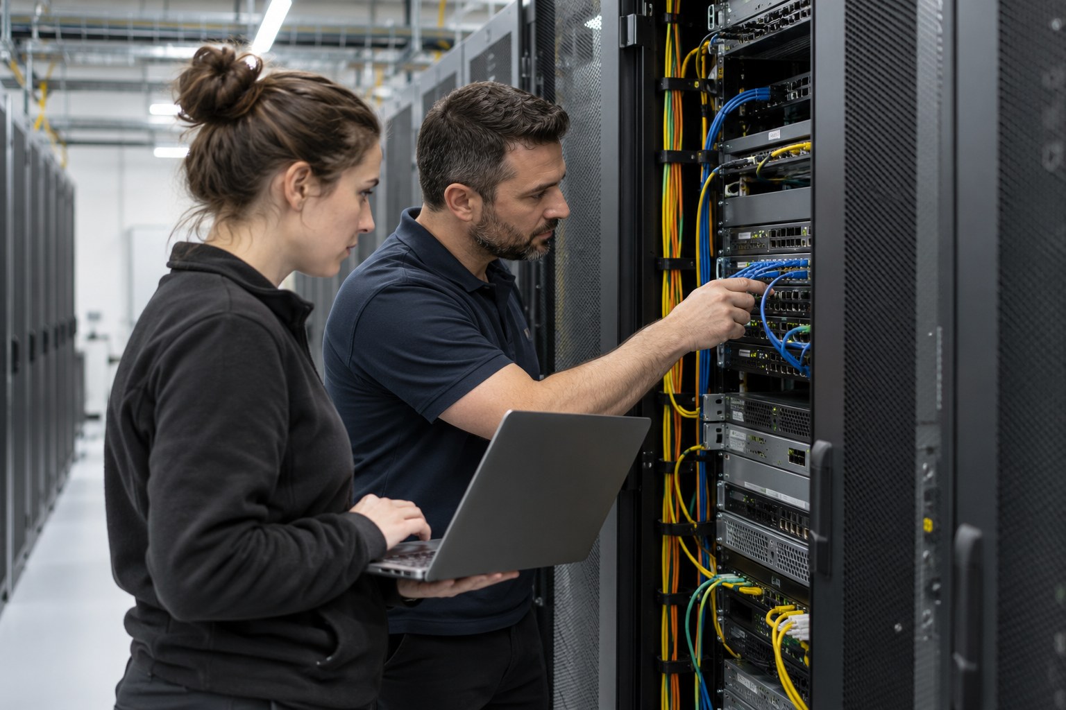 Zwei Mitarbeitende prüfen Netzwerkanschlüsse im Serverschrank.